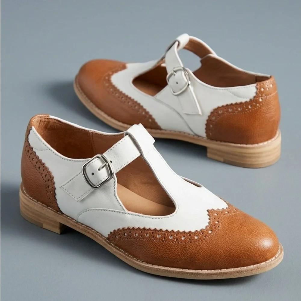 Anthropologie Wingtip Brown White Leather Mary Janes All Black Belted Wings NWT - Picture 2 of 16